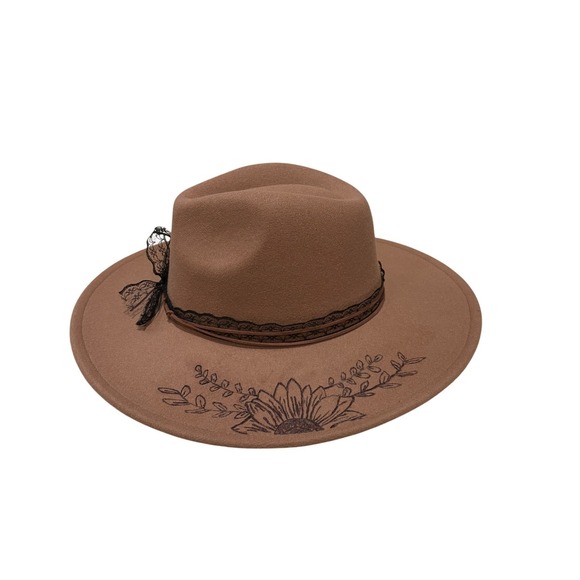 Handcrafted Brown Custom Wood Burned Sunflower Wide Brim Hat Lace Band - Picture 4 of 8